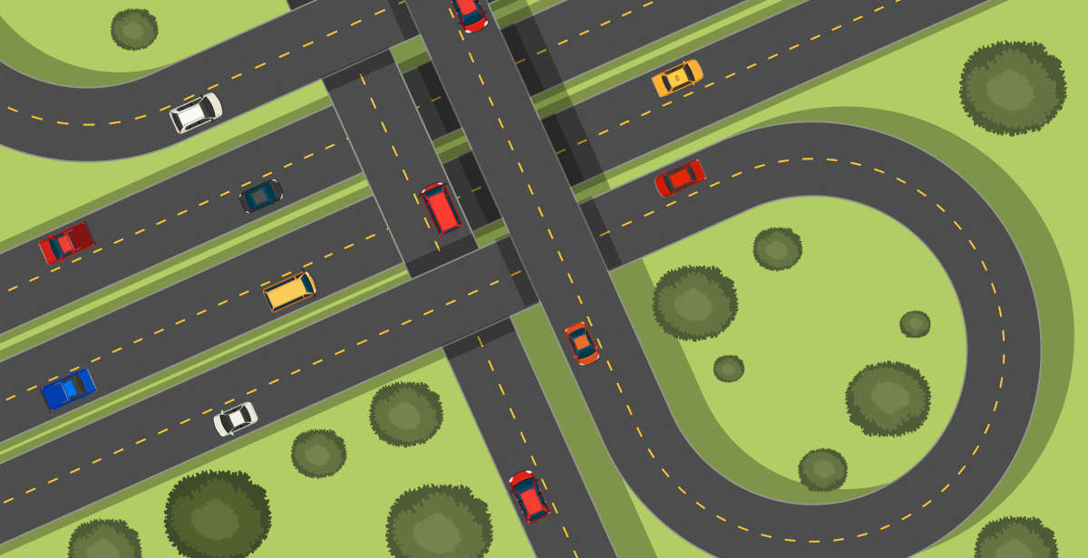 Aerial drawing of a road network with cars on it