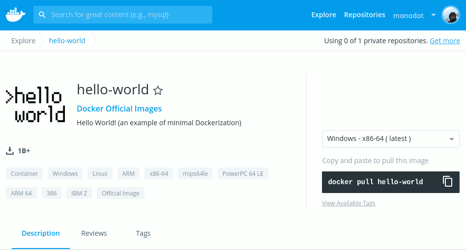 Screenshot of Docker Hub showing hello-world image