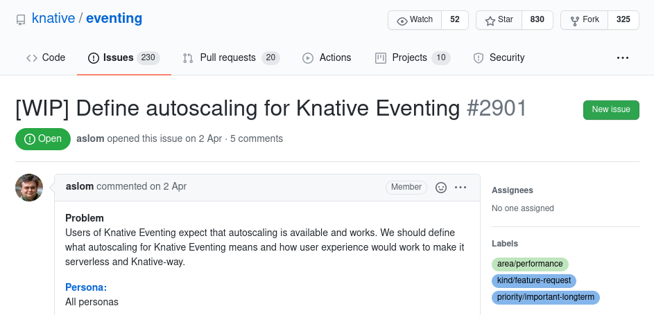 Screenshot of Knative Eventing open issue