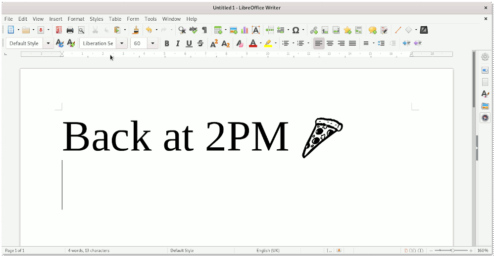 Screenshot of LibreOffice showing the words 'Back at 2PM'