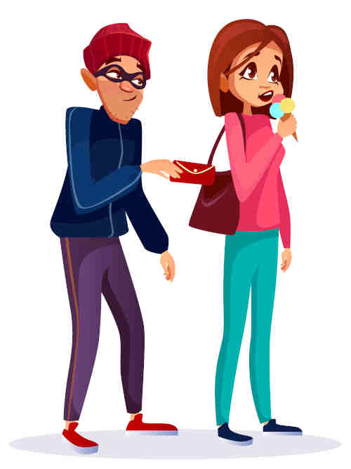 Illustration of a thief stealing a purse from a handbag