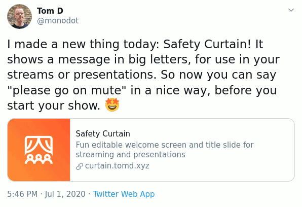 Screenshot of my tweet launching Safety Curtain
